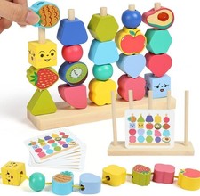 Threading Wooden Toys,Montessori Threading Beads Stacking Blocks Learning Set F