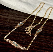 Vtg Mid Century Persian Turquoise Seed Pearls 14k Gold Fill Repousse Necklace