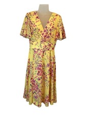 Jacques Vert Yellow Floral Print Short Sleeve Wrap Dress UK 12
