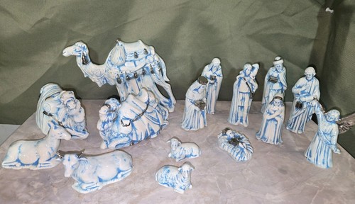 Ceramic blue glazed nativity - ceramic,