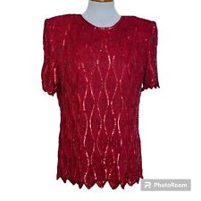 RARE CLOTHING CO. Vintage Red Silk Blouse. Sequins. Shoulder Pads. 80s. Size XL.