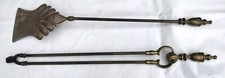 ANTIQUE ? LARGE BRASS COAL TONGS & SHOVEL FIRE TOOLS COMPANION SET See Descript