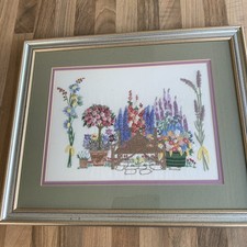 Vintage Hand Embroidered Needlepoint Framed Cottage Garden Bench Scene Signed