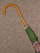 Vintage 12CT Rolled Gold Ladies Umbrella W/ Green Paisley Pattern Cotton Canopy