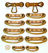RARE SET 12;8+2+2 X VICTORIAN/ARTS & CRAFTS CHEST DRAWERS&CUPBOARD BRASS HANDLES