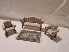 Vintage Wooden Dolls House Furniture Bundle Sofa 2 Arm Chairs & Rug See Photos