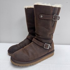 UGG Australia Women's Kensington Sheepskin Brown Leather Moto Boots Size 5 EUC