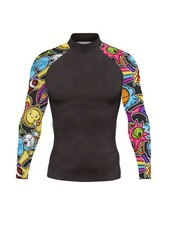 New BJJ MMA Surf Rash Guard Long Sleeve Black Cartoon Graffiti Arms