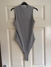 New Look Sleeveless Ribbed Knit Bodysuit Top Blouse High Neck Jersey Grey 10