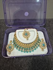 Indian Necklace Set In Ocean Blue & Cream Pearls & Cubic Zirconia 