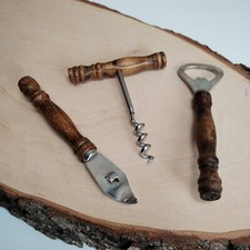 Vintage Bottle & Tin opener Set Hand Turned wood tools stainless steel Era 80's 