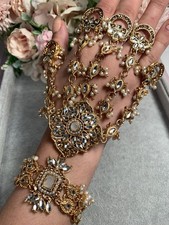 Pakistani Indian Gold Kundan Mirror work Hathphool Panjangla Rings Bracelets 