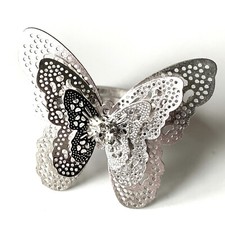 Vintage Silver Metal Butterfly Statement Adjustable Ring with Diamante Gem, VGC