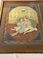 INDIAN Picture Gouache painting - Vintage hand painted on silk  - Sarod & couple