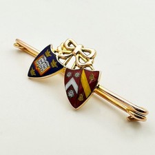 VINTAGE OXFORD UNIVERSITY & WADHAM COLLEGE 2 SHIELD BROOCH 9CT GOLD & ENAMEL