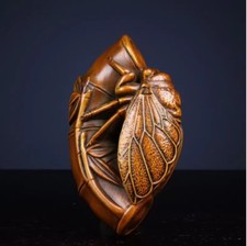 Vintage Japanese Netsuke Old Boxwood Carved Cicada "一鸣惊人" Statue hot