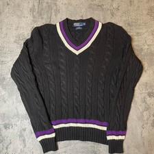 Black Ralph Lauren cable cricket v-neck sweater cashmere cotton mix size large