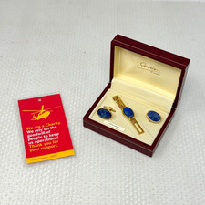 Vintage Stratton Lapis Lazuli Cufflinks & Tie Slide Clip Set Gold Tone  #7  J12