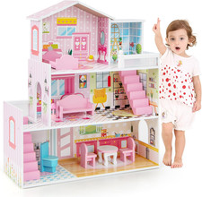 3-Storey Kids Dollhouse, Wooden Children Dolls House with Rich Furniture Access