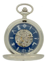 New Mechanical Silver Tone Double Hunter Blue Masonic Pocket Watch And Chain