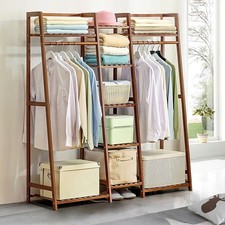 Large Wooden Rail Clothes Garment Hanging Rack Shelf Open Wardrobe Shelf