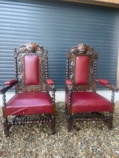 Pair Victorian 1900s Green Man Ornate Carved Oak Throne Church Chairs M4985