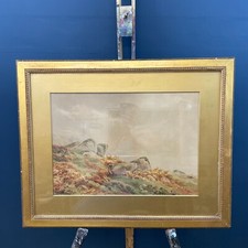 LARGE VICTORIAN CRAGS LANDSCAPE WATERCOLOUR PAINTING ORNATE GESSO FRAME