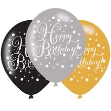 Black & Gold Sparkling Happy Birthday Latex Balloons - Pack of 6 - 11 inch
