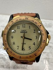 TIMEX INDIGLO Analog Watch with Compass Gold Brown Leather Strap Quartz