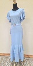 Quiz Baby Blue Long Formal Evening Dress Size 18 Flutter Sleeve Belt Ruffle Hem