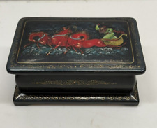 Russian Lacquer Ware Box Hand Painted Horse Drawn Sleigh Scene Signed Antique
