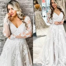 Plus Size Wedding Dresses V Neck White Lace Appliques Long Sleeves Wedding Gowns