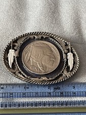 Vintage Siskiyou Western Belt Buckle Indian Head Coin And Enamel 3 1/4”x2 1/2”