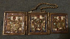 Antique Russian Orthodox Christian Enamelled hinged Triptych Folding Travel Icon