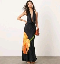BNWT ASOS PREMIUM BLACK SATIN LARGE FLORAL BACKLESS MAXI SLIP DRESS SIZE 16