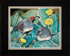 Matted Gambel's Quail Art Print "Prickly Pair" 11" x 14" Mat by Artist Roby Baer