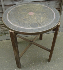 Vintage Foldable Table Engraved Brass Table Top With Wooden Folding Stand Read