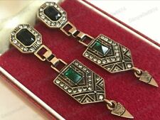 Art Deco Inspired Geometric Egypt Emerald Green Crystal Gold Tone Earrings Long