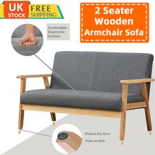 2 Seater Wooden Sofa Armchair with Sturdy Wood Frame Linen Fabric Small Couch UK