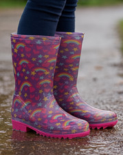 Girls Purple Rainbow Heart Star Wellies 6-12– Waterproof Colourful Kids Welly