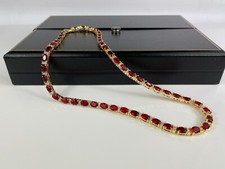 YELLOW GOLD FINISH Oval Cut Red Ruby and Round Cut Created Diamond Necklace