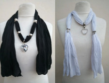 Black and White Jewelled Heart Pendant Necklace Scarves Scarf x2  BNWOT