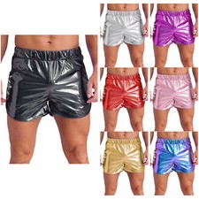 UK Mens Metallic Shorts Elastic Waist Shiny Rave Pants Trunks Swimwear w/Pockets