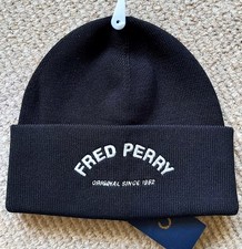 Genuine FRED PERRY Black Deeper Cuff White Logo BEANIE HAT UNISEX Tags