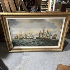 Huge Vintage Antique Framed Oil On Canvas Naval Battle Ships Unsigned Framed