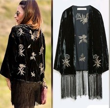 Zara Black Velvet Jacket Kimono Cape Embroidered Embellished Fringe size Medium 