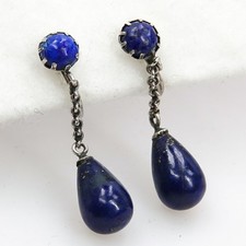 Antique Solid Silver Lapis Lazuli Earrings Edwardian Screw-Back Gemstone Dangle