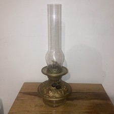 Glass & Gilded Based Double Burner Oil Lamp with Chimney, Crack to Reservoir