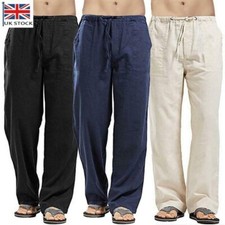 Men's Cotton Linen Summer Beach Loose Pants Yoga Drawstring Elasticated Trousers