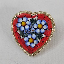 Italy Vintage Micro Mosaic Heart Brooch Gold Tone Metal Multicolor Floral Pin